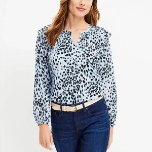 LOFT Leopard Print Ruffle Blouse Blue Black Smocked Peasant Top Size M